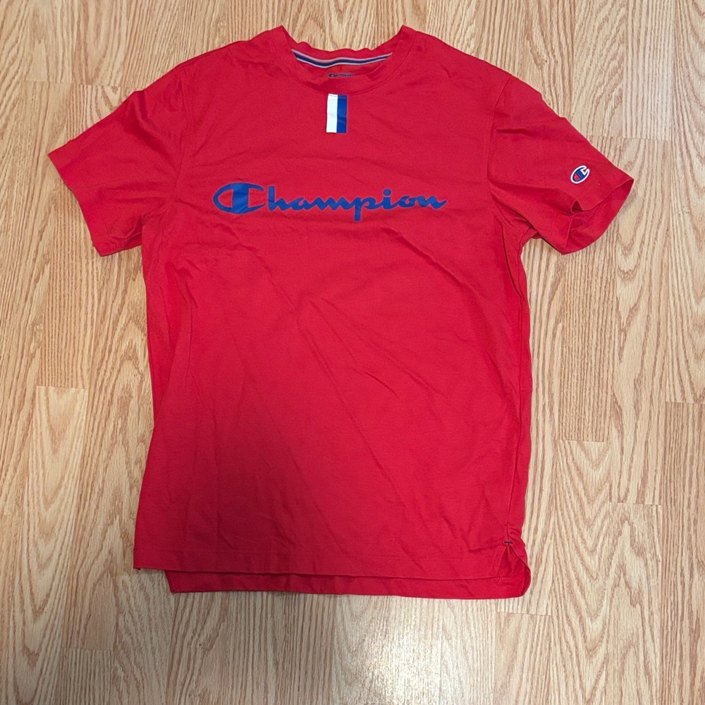 Champion Red Tee with Blue Script Logo
